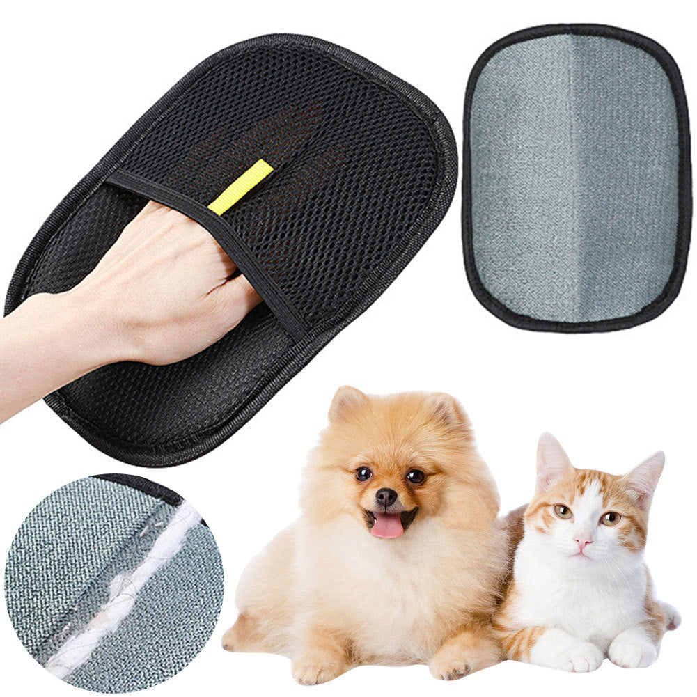Black electrostatic pet hair removal glove on sofa next to dog