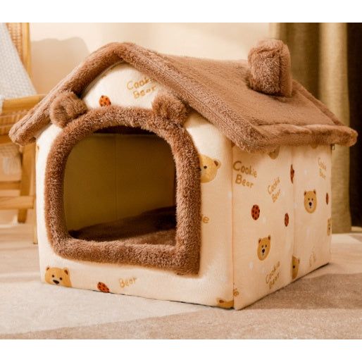 A collection of foldable pet houses in various colors and designs, with plush fabric and non-slip bottoms, designed for small to medium-sized pets.