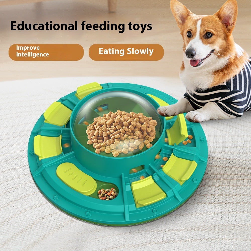 Happy corgi with interactive slow feeder bowl – educational feeding toy for dogs that improves intelligence and helps eat slowly
