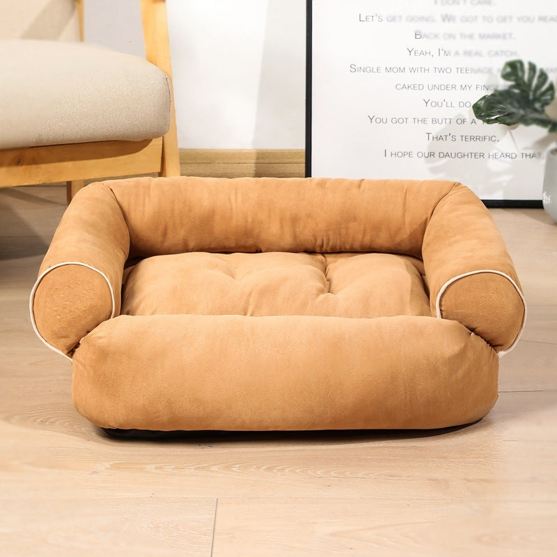 Brown pet bed on a wooden floor with a blurred background