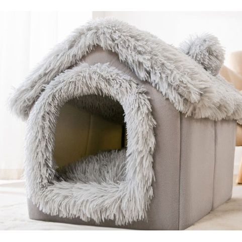 Gray indoor pet house with fluffy faux fur trim and roof – warm foldable bed for cats and small dogs.