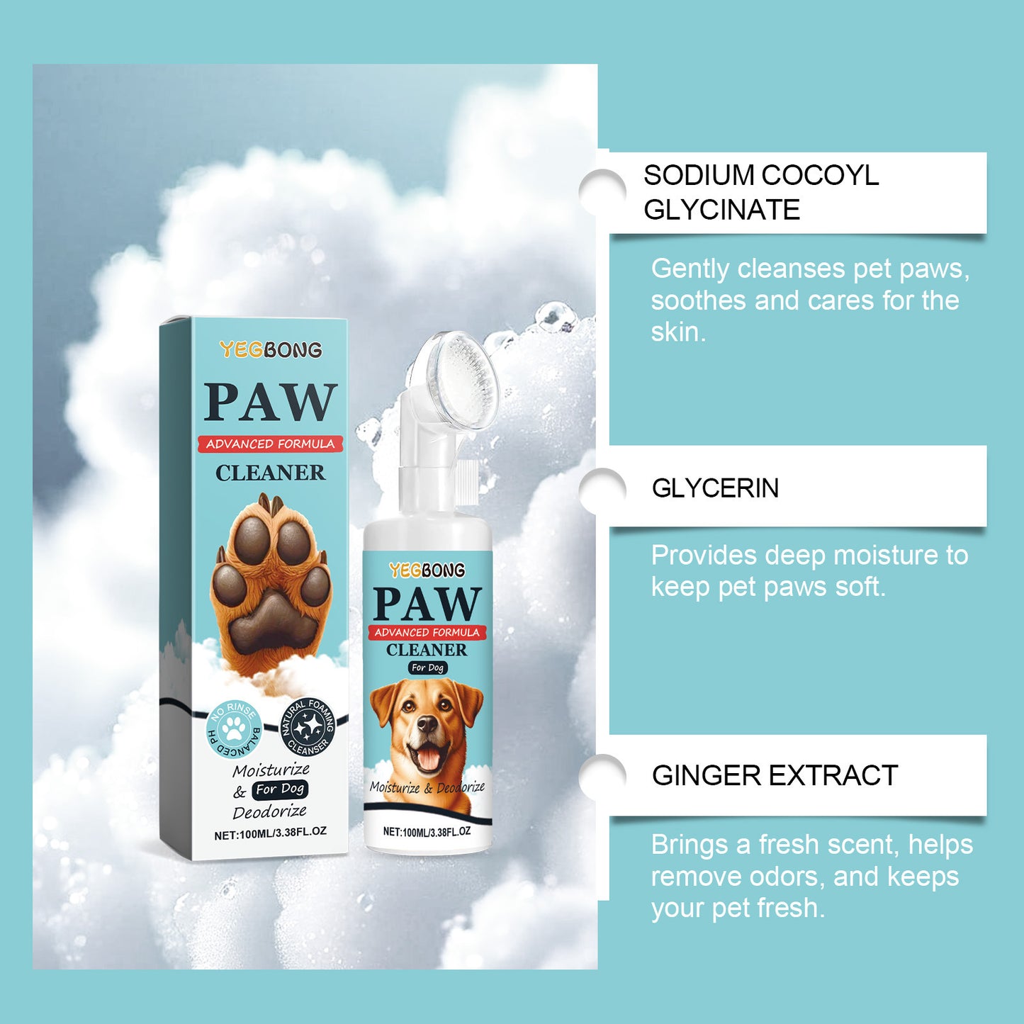 Dog paw cleaner packaging with product details on a light blue background