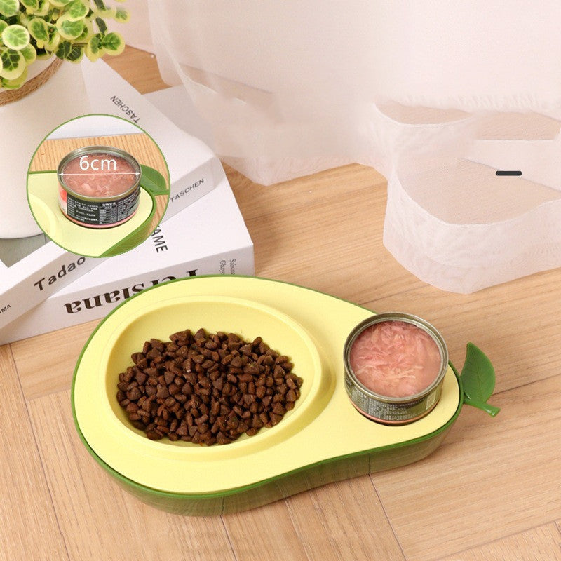 Green avocado-shaped pet bowl with dry and wet food — 2-in-1 feeding dish for cats and dogs, fits 6cm cans.