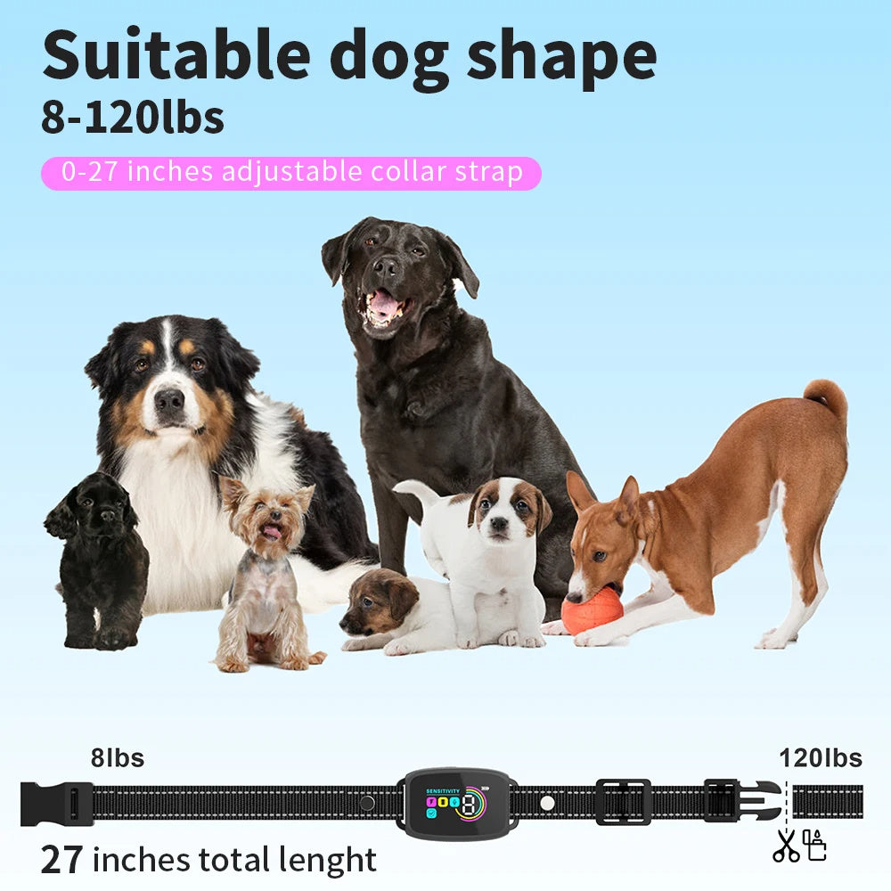 Smart anti-bark dog collar with adjustable strap 0-27 inches, suitable for dogs from 8 to 120 lbs, shown on different dog breeds and sizes