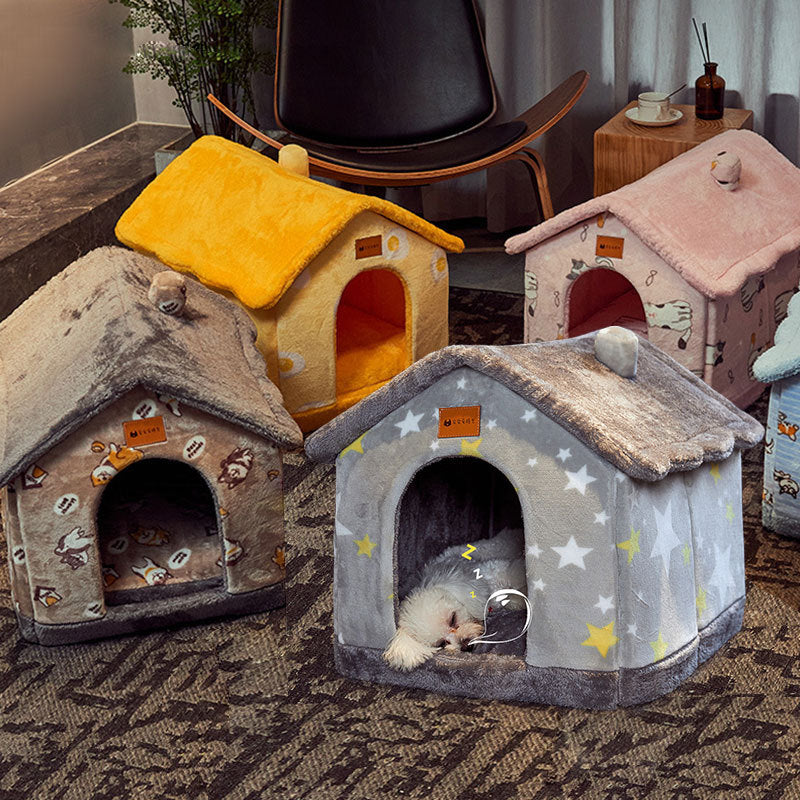 A collection of foldable pet houses in various colors and designs, with plush fabric and non-slip bottoms, designed for small to medium-sized pets.