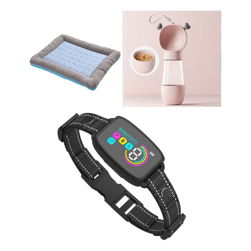 An image featuring a smart anti-bark dog collar with a LCD display shown on the left side, and a dog wearing the collar on the right side. The text on the image promotes the collar as a 'Smart Waterproof Rechargeable Training Tool for Dogs'.