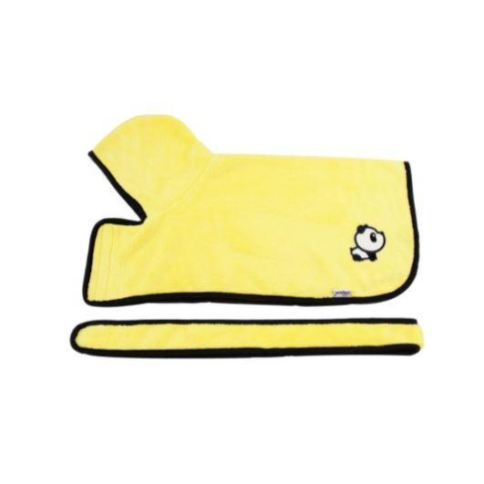 Yellow pet hood and bandana set with a small logo on a white background