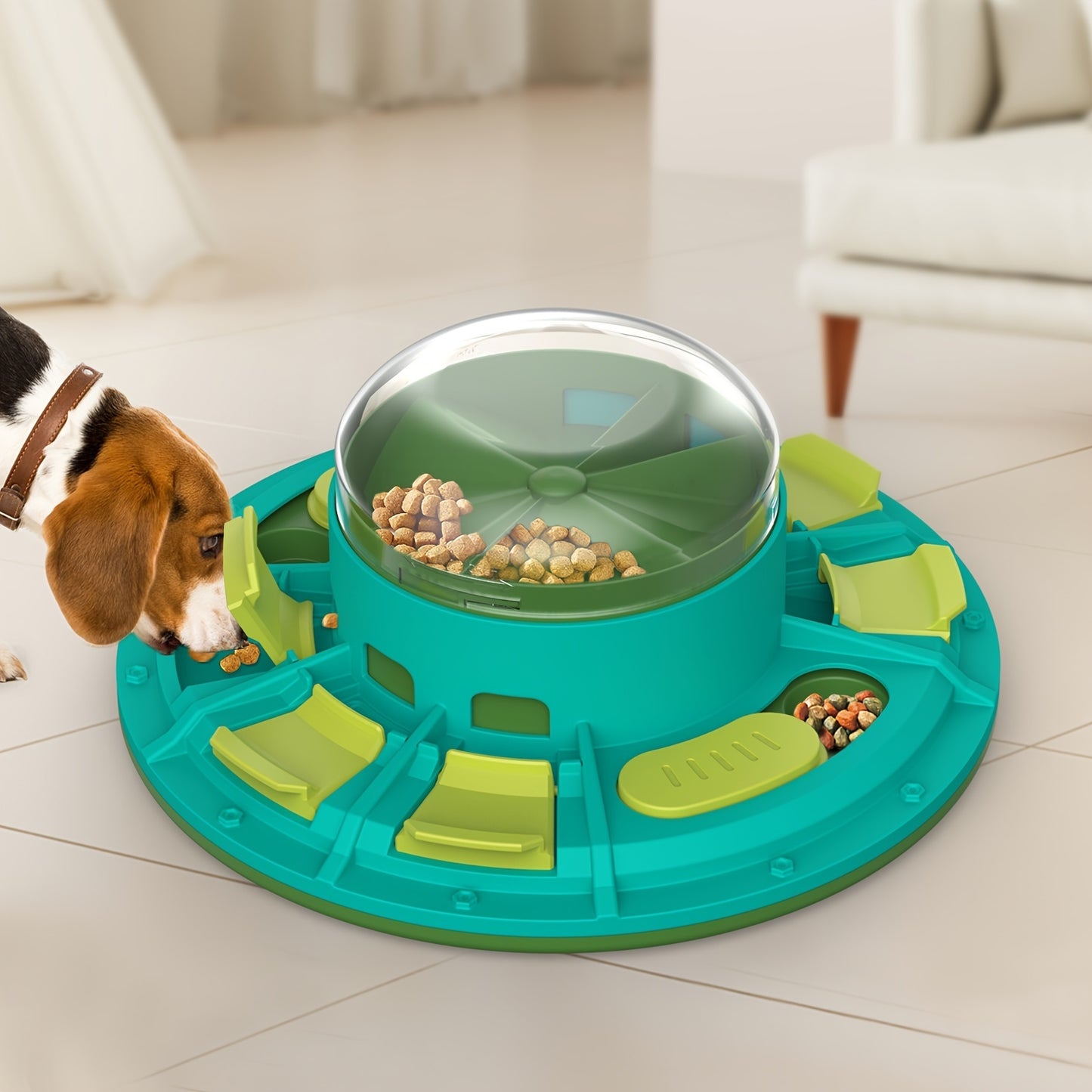 Beagle using interactive slow feeder bowl – educational pet feeding toy with puzzle design that helps dogs eat slowly and stay healthy