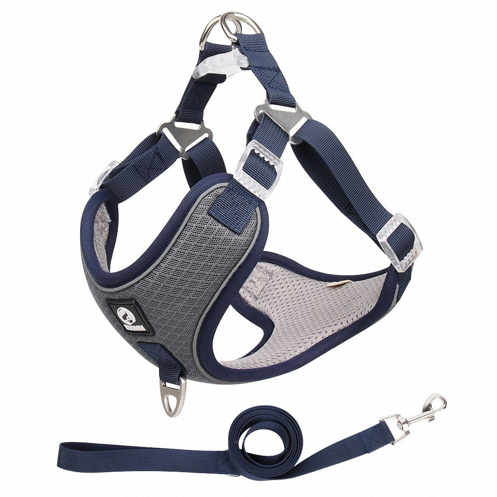 Adjustable dark blue no-pull dog harness with matching leash made of breathable mesh — comfortable, durable, and reflective.