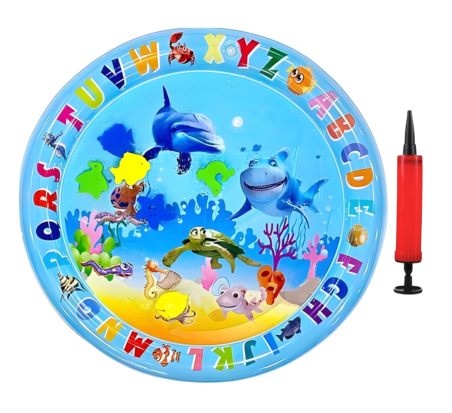 Inflatable pool toy with underwater sea creatures and alphabet letters, including a pump.