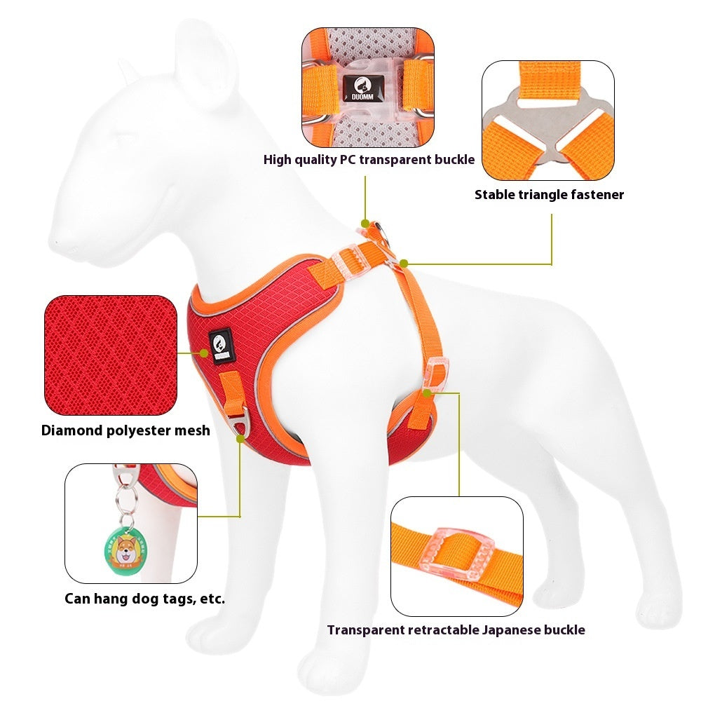 Orange no-pull dog harness with high-quality transparent buckle, diamond polyester mesh, and stable triangle fastener for secure fit.
