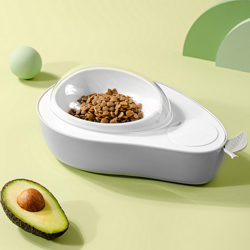 Gray avocado-shaped pet food and water bowl with transparent cover — 2-in-1 slow feeder for cats and dogs.
