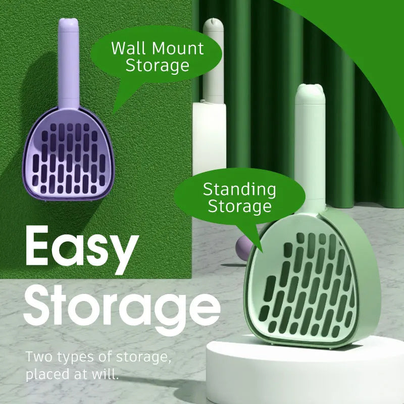 Cat litter scoop with easy storage options, wall mount holder and standing base in purple and green design