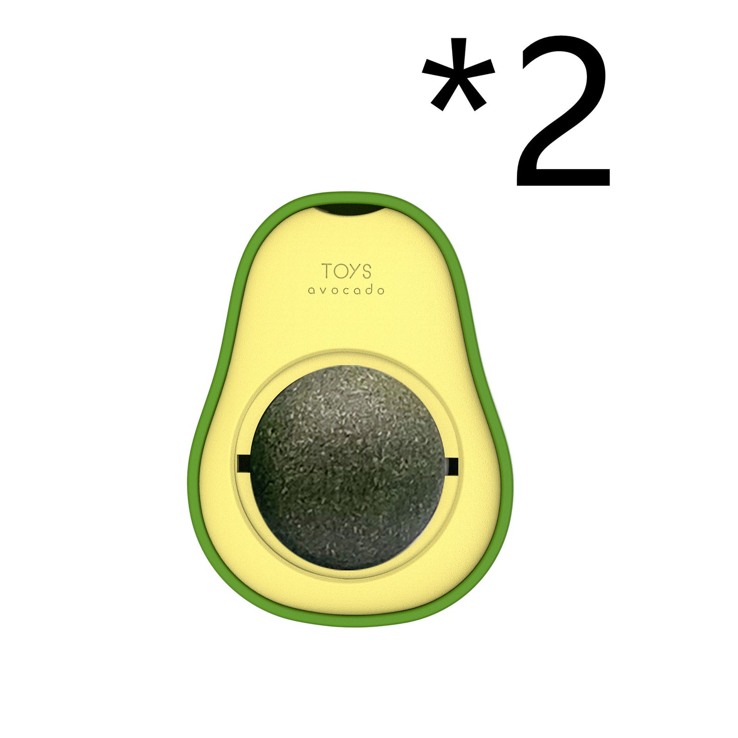 Interactive cat toy designed as a green avocado with a black and green catnip ball in the center, with a small orange kitten beside it.