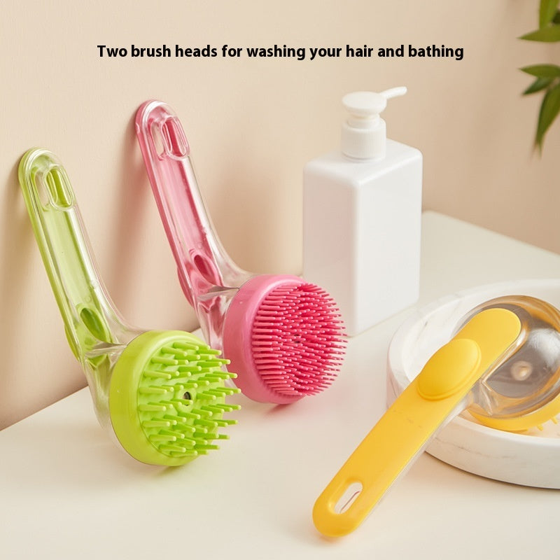 Three colorful scrubbing brushes on a light surface with a bottle of soap.