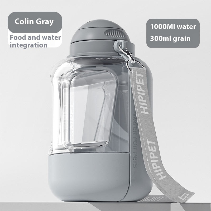 Gray pet water bottle with a strap labeled 'HIPPET' on a white background