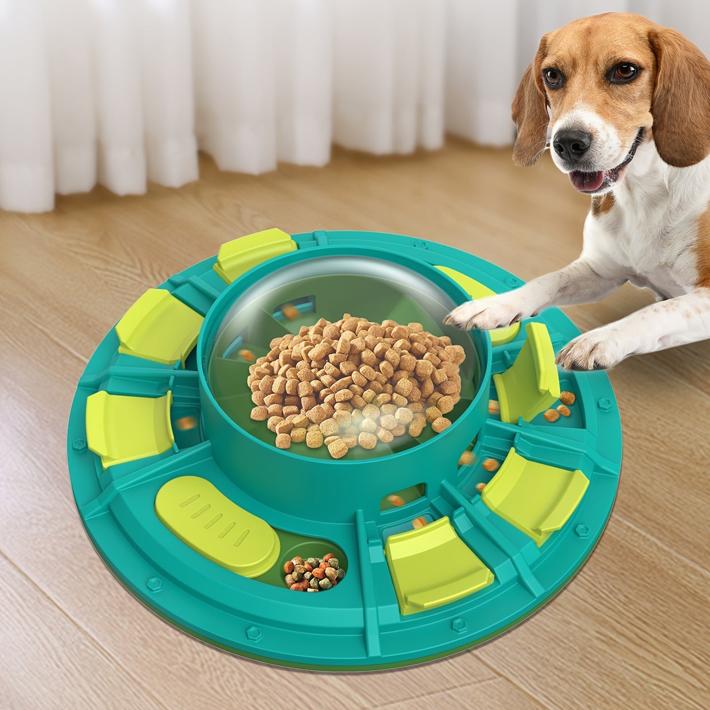 A dog interacting with a green interactive slow feeder bowl filled with dog food, designed like a puzzle toy.