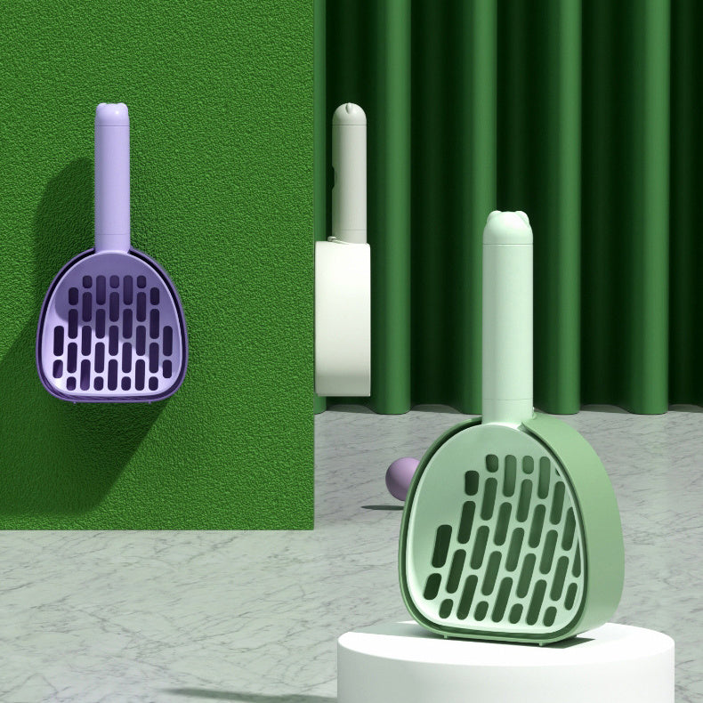 Cat litter scoops in purple and green with wall mount and standing storage options, durable ABS plastic design