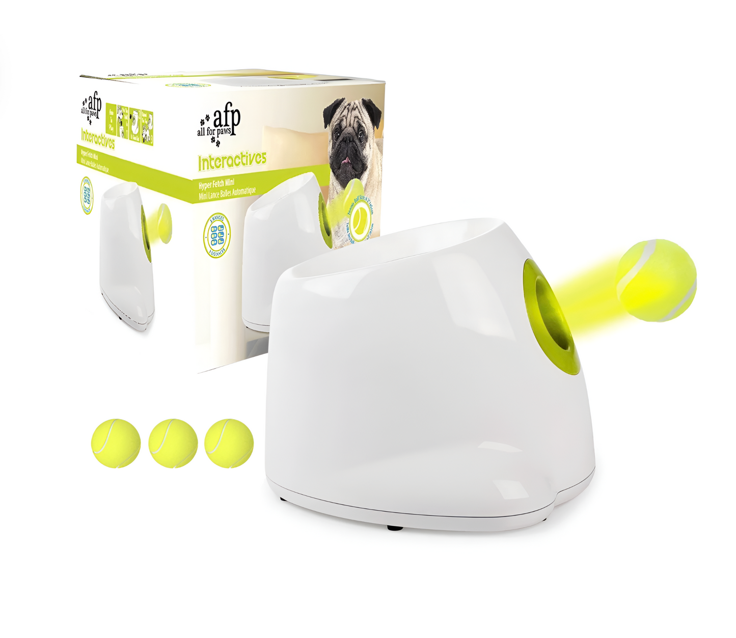 White and green pet toy with packaging on a white background