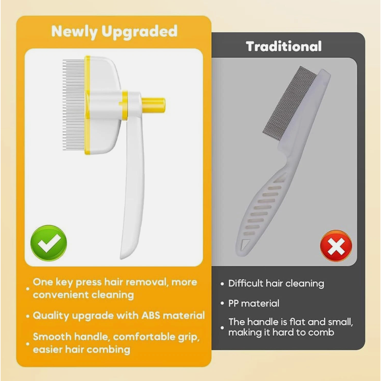 Comparison of upgraded pet grooming brush with ergonomic handle and one-touch hair removal button vs traditional comb with flat handle