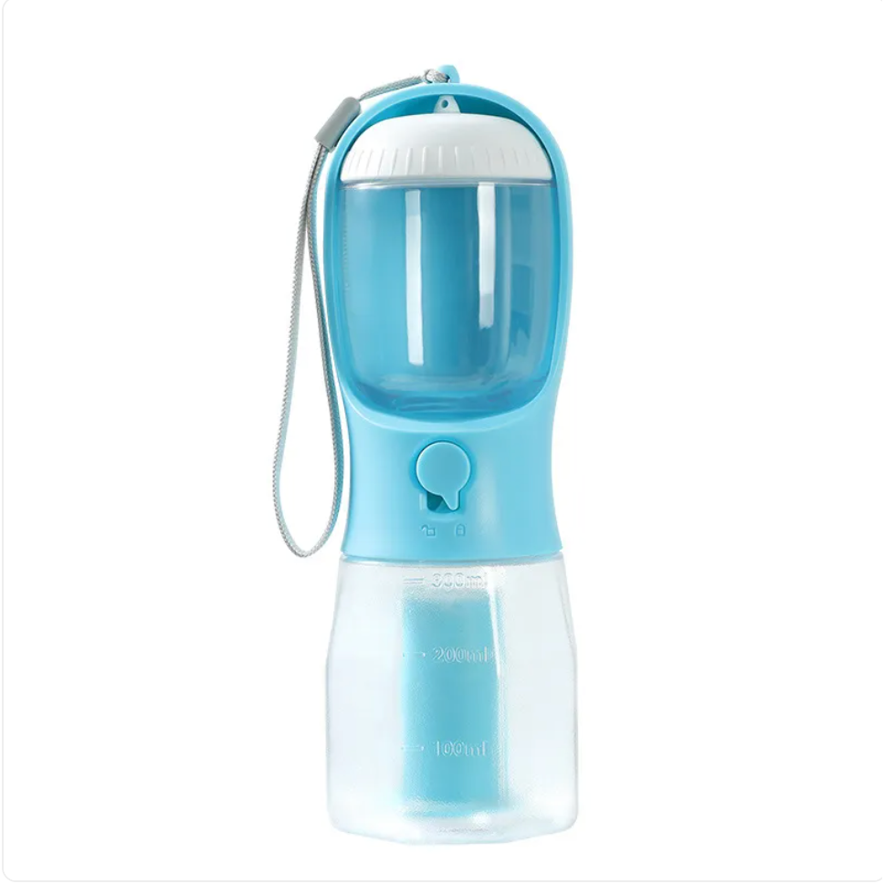 Blue and clear pet water bottle with a strap on a white background