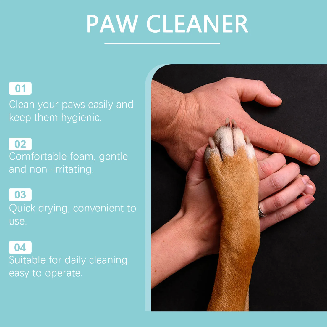 Dog paw being cleaned by a human hand with product features listed on a blue background