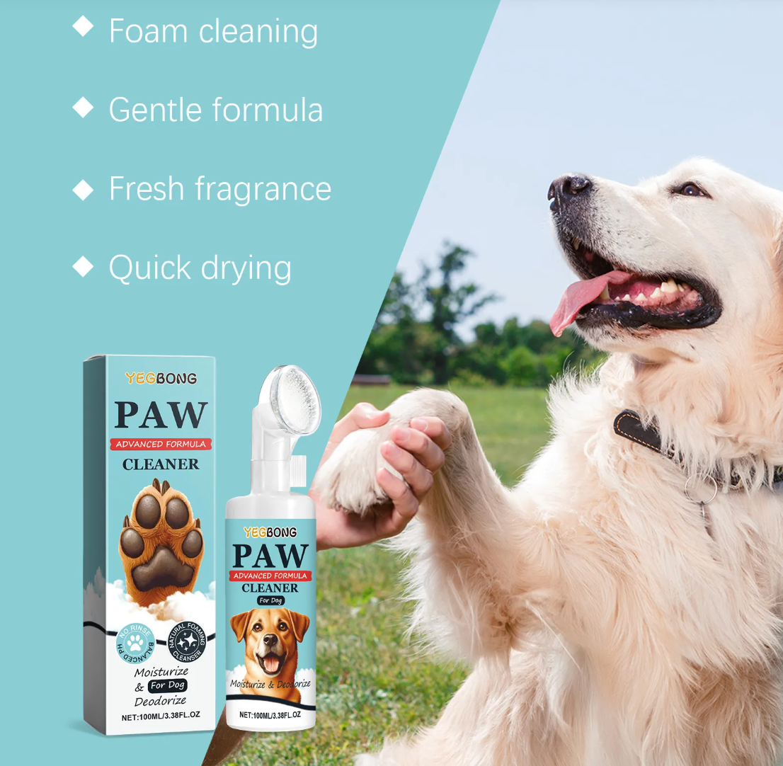Dog paw cleaner with a dog and person outdoors, featuring product benefits on a blue background.