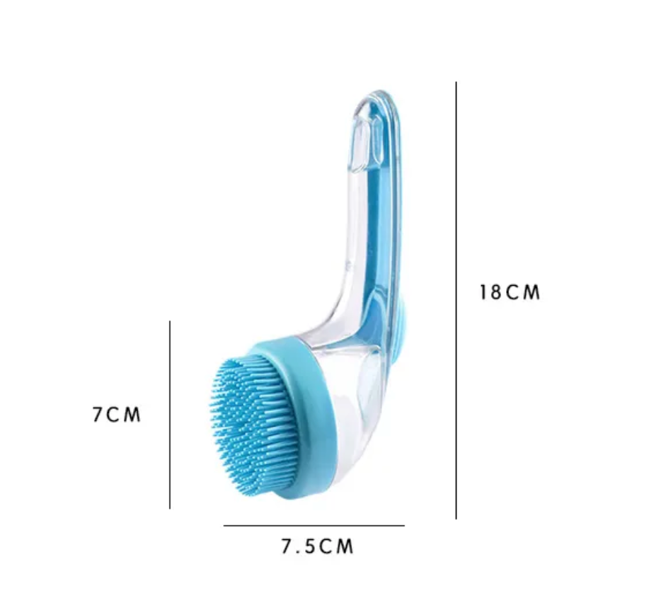 Blue cleaning brush with measurements on a white background