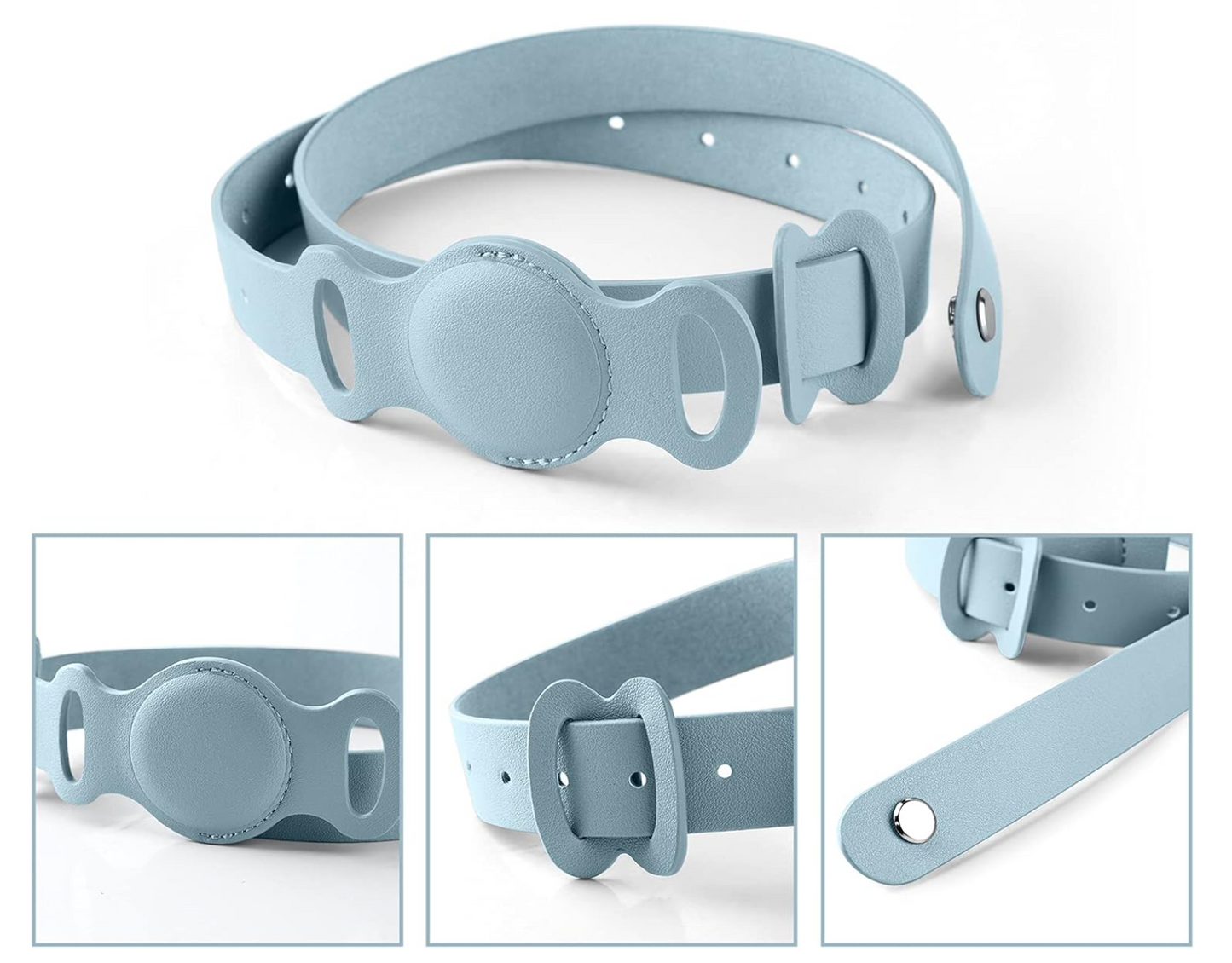 Light blue dog muzzle and collar set on a white background