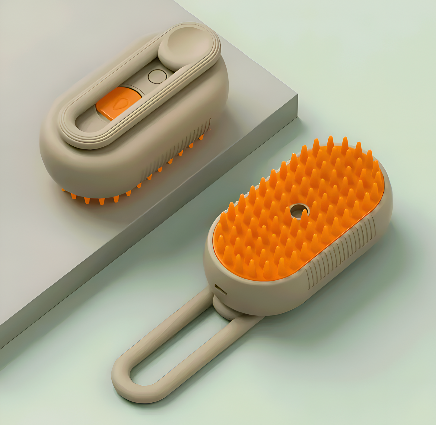 Two grooming brushes with orange bristles on a light gray background