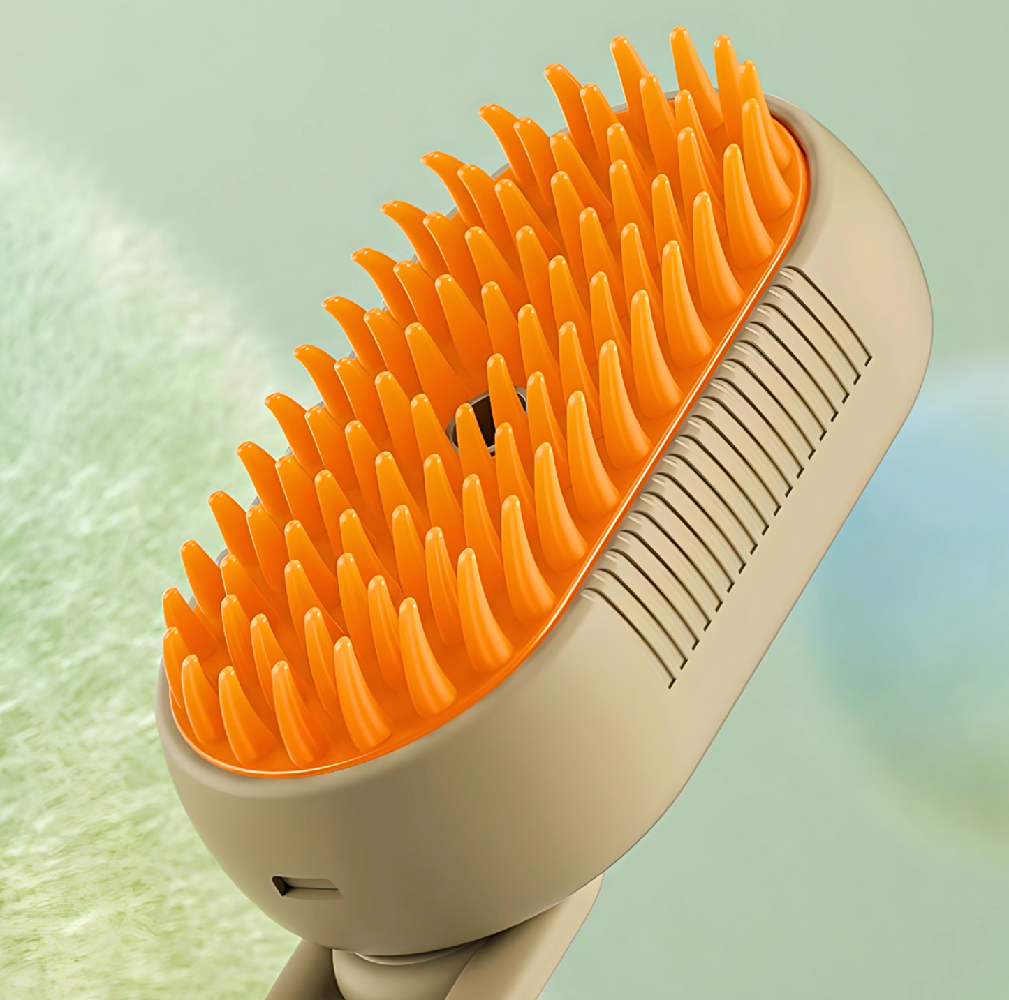 Beige and orange grooming brush on a light green background
