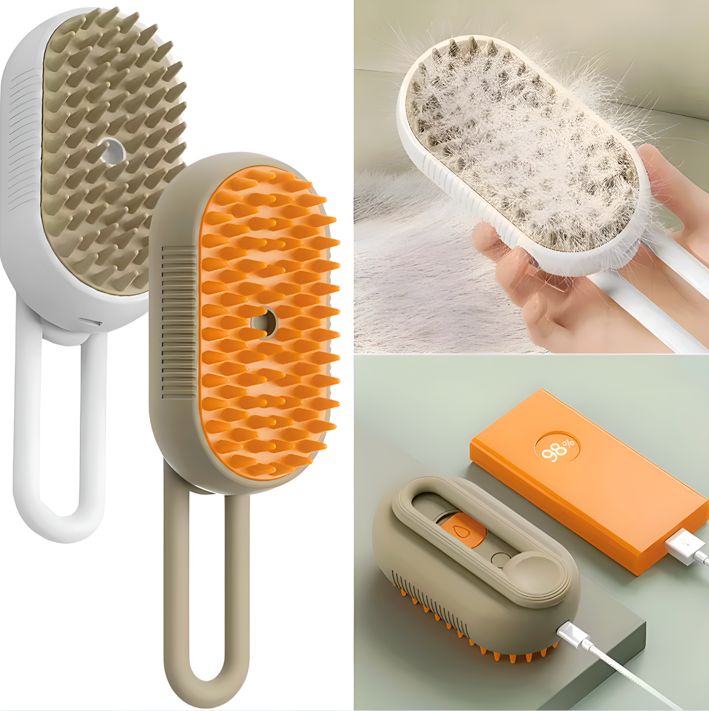 Cleaning brush with bristles, collecting hair, and charging cable on a light green background