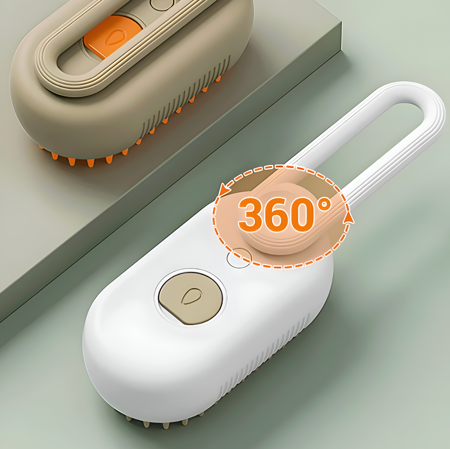 Cleaning device with a 360-degree brush head on a light green background