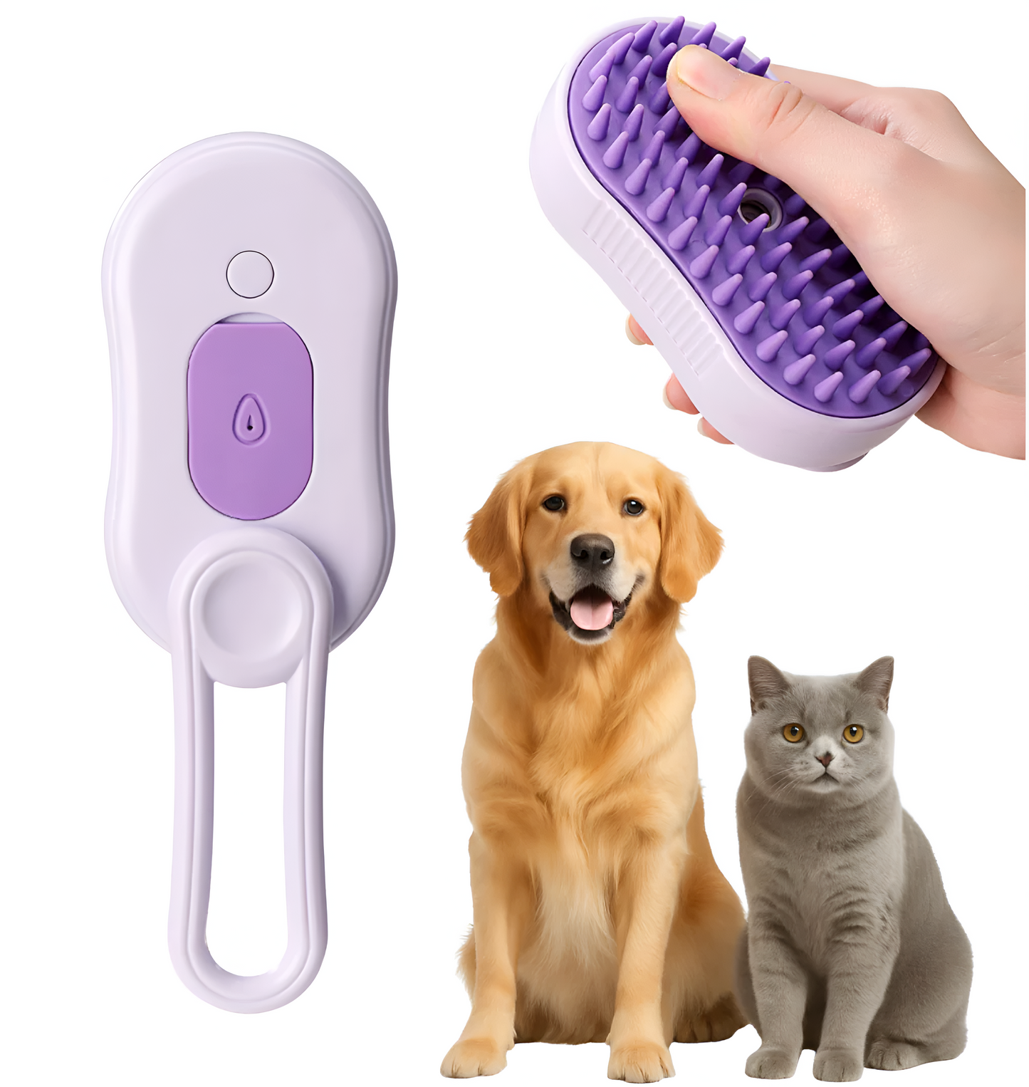 Pet grooming tool with a hand holding it, next to a dog and a cat on a white background.