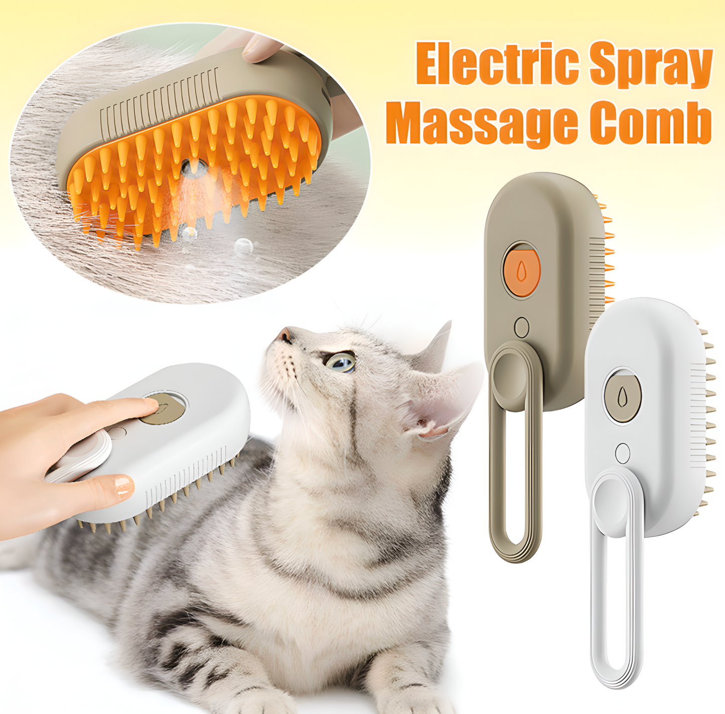 Electric spray massage comb with a close-up of the bristles and a cat being groomed.