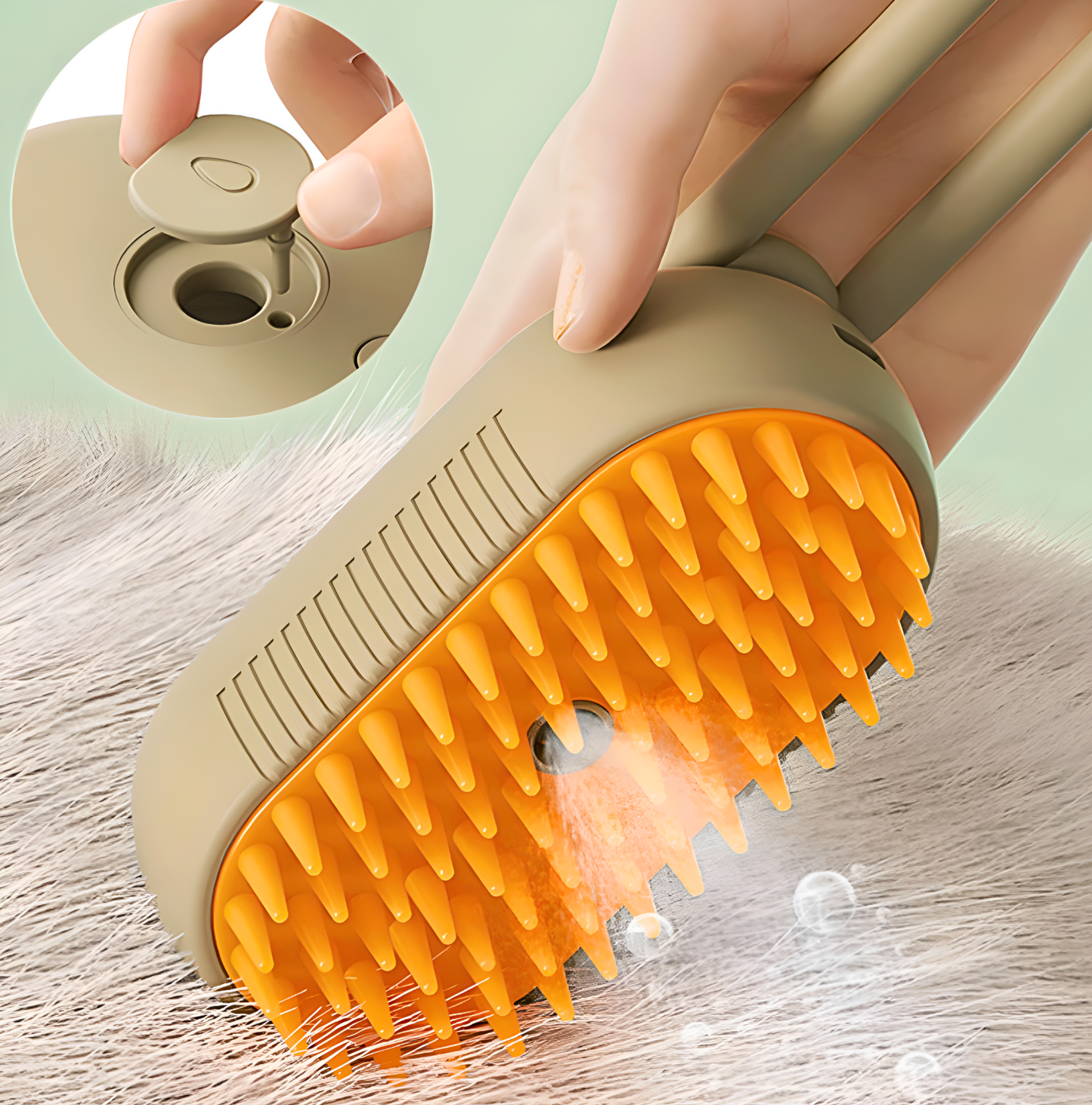 Pet grooming brush with orange bristles being used on a surface, close-up view.