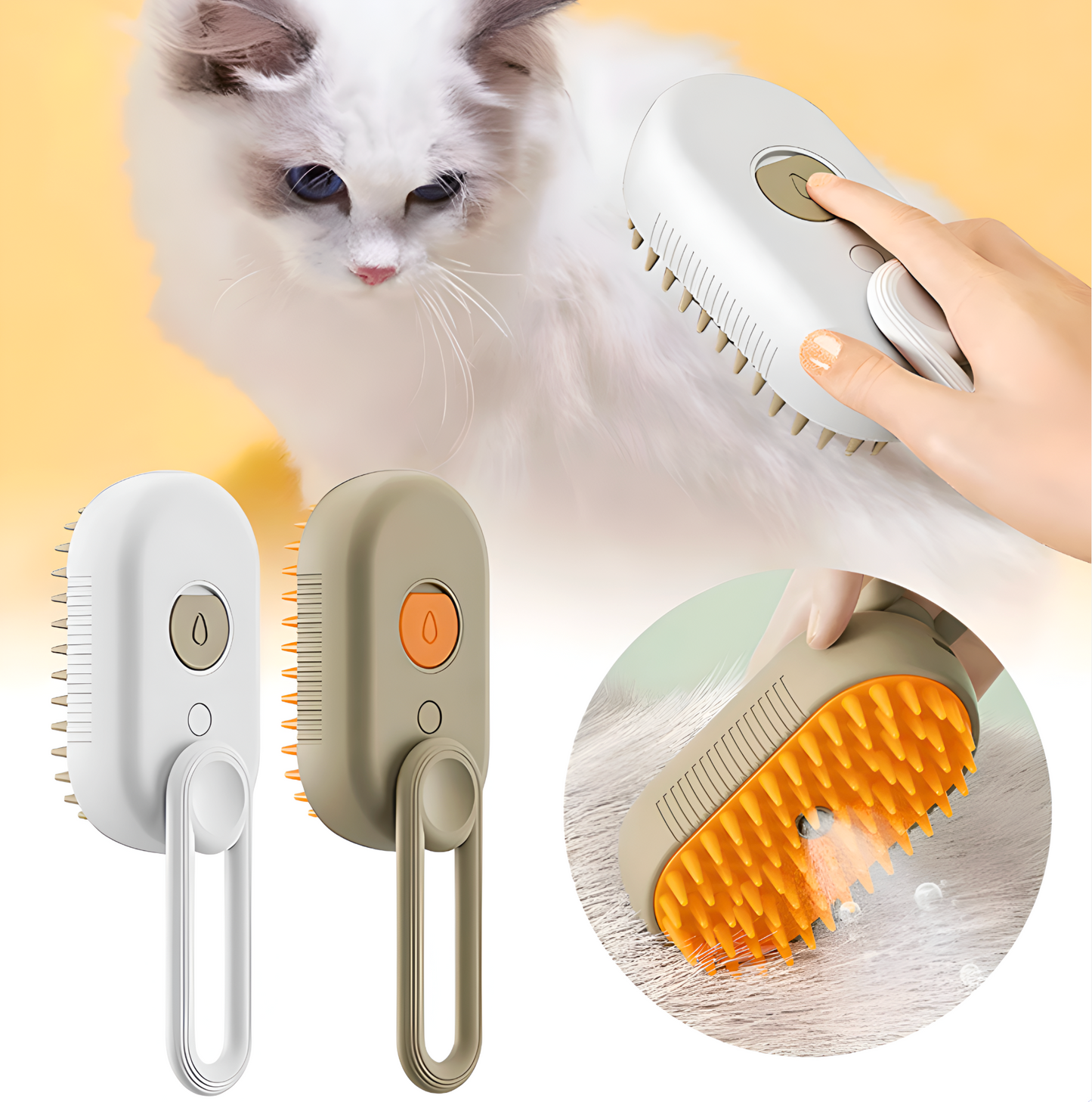 Cat grooming brush set with a close-up of the bristles on a yellow background