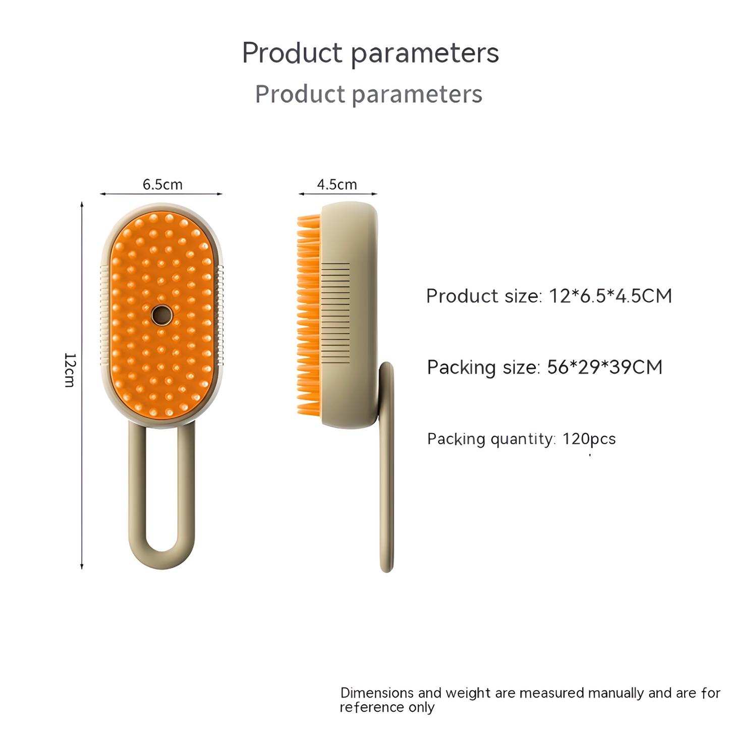 Product parameters of a grooming brush with dimensions and packaging details on a white background.