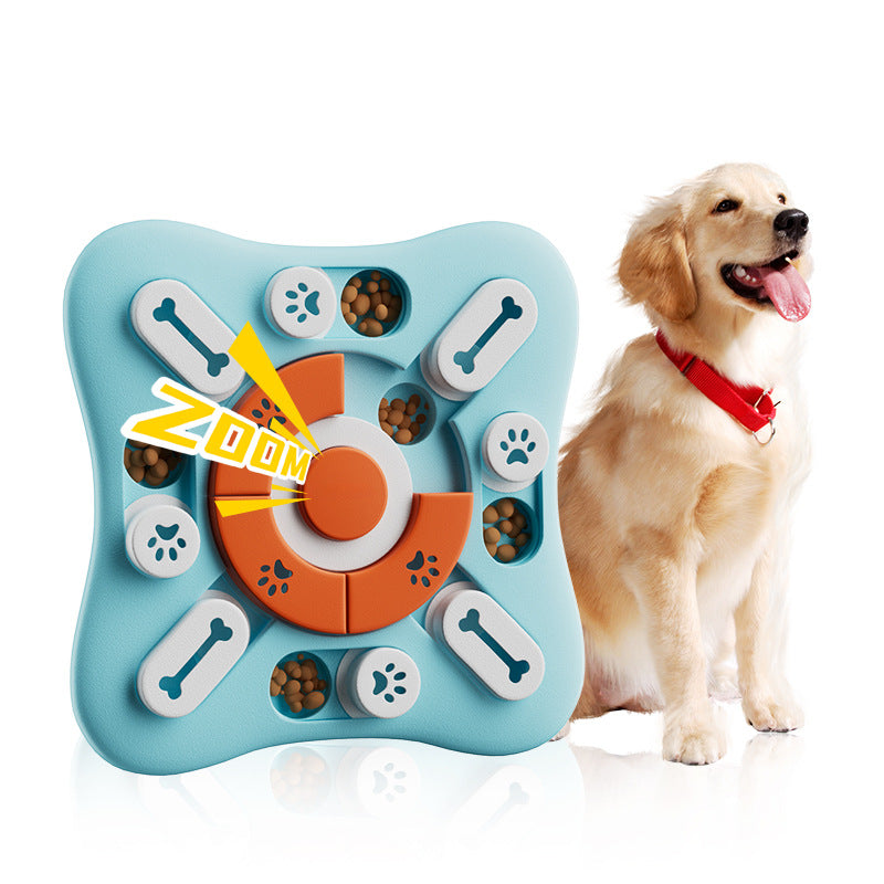 Dog puzzle toy with treats and a dog sitting next to it on a white background