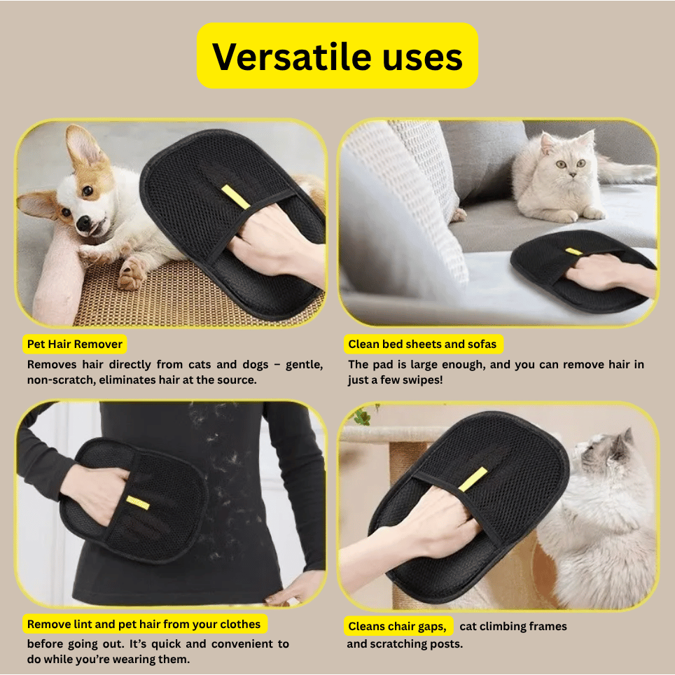 Washable reusable pet hair removal glove in action on fabric surface