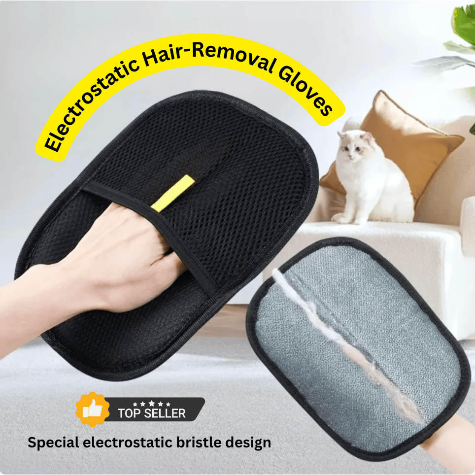 Hand using black pet hair removal glove on sofa with visible hair clumps
