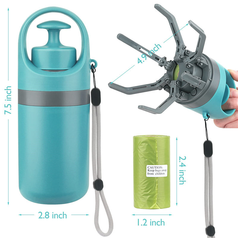 Compact dog pooper scooper with waste bag holder and 8-claw design, product dimensions in inches