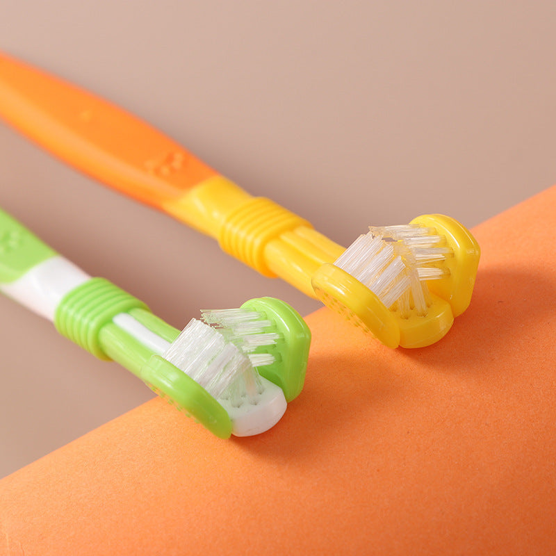 Double-headed pet toothbrush in yellow and green – dental care brush for dogs and cats.