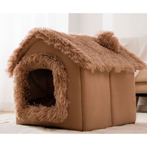A collection of foldable pet houses in various colors and designs, with plush fabric and non-slip bottoms, designed for small to medium-sized pets.