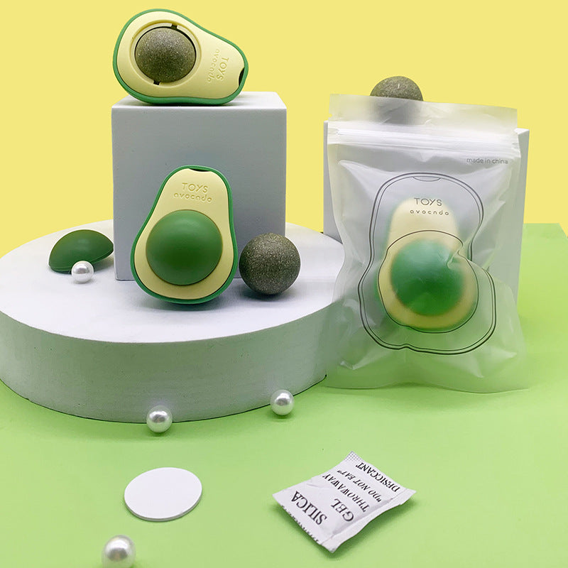Set of avocado catnip ball toys with packaging — interactive 360° rotating mint toy for cats’ playtime and dental health.