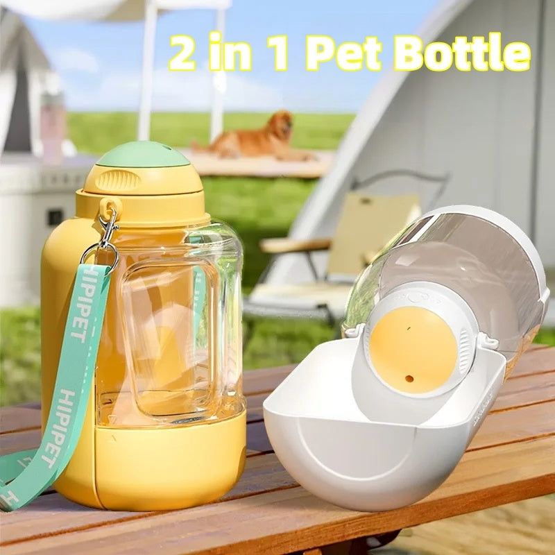2-in-1 pet bottle with a lid on a wooden surface outdoors.