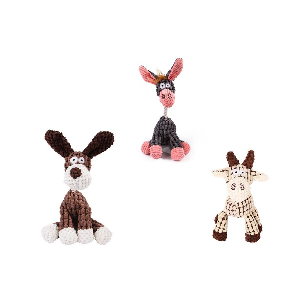 Three knitted dog toys shaped like a rabbit, a donkey, and a giraffe on a white background.