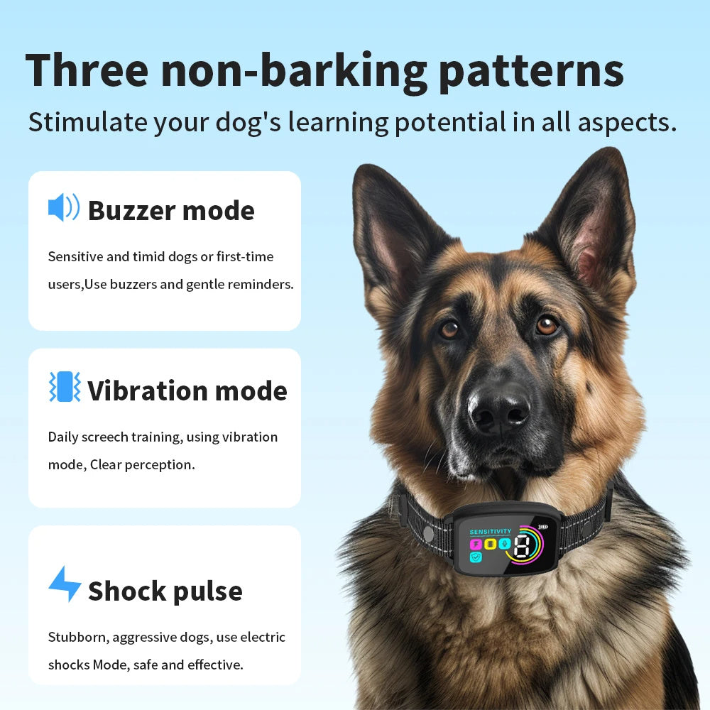 German Shepherd wearing smart anti-bark dog collar with LCD screen, showing three training modes: buzzer, vibration, and shock pulse