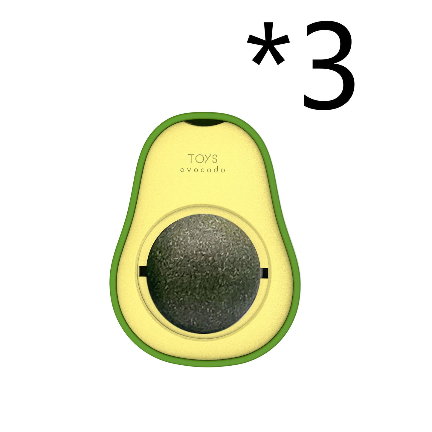 Interactive cat toy designed as a green avocado with a black and green catnip ball in the center, with a small orange kitten beside it.
