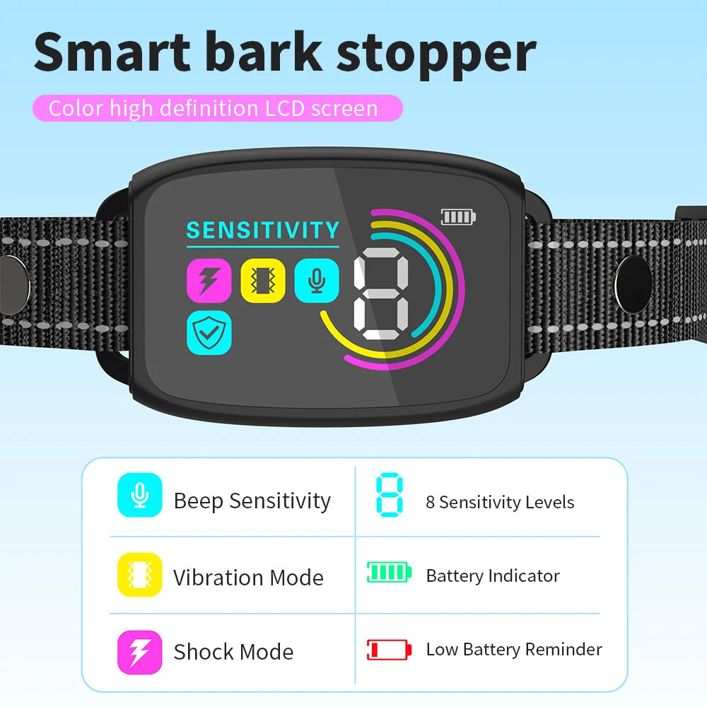 Smart anti-bark dog collar with LCD screen showing sensitivity levels, beep, vibration, shock modes, battery indicator and adjustable training settings